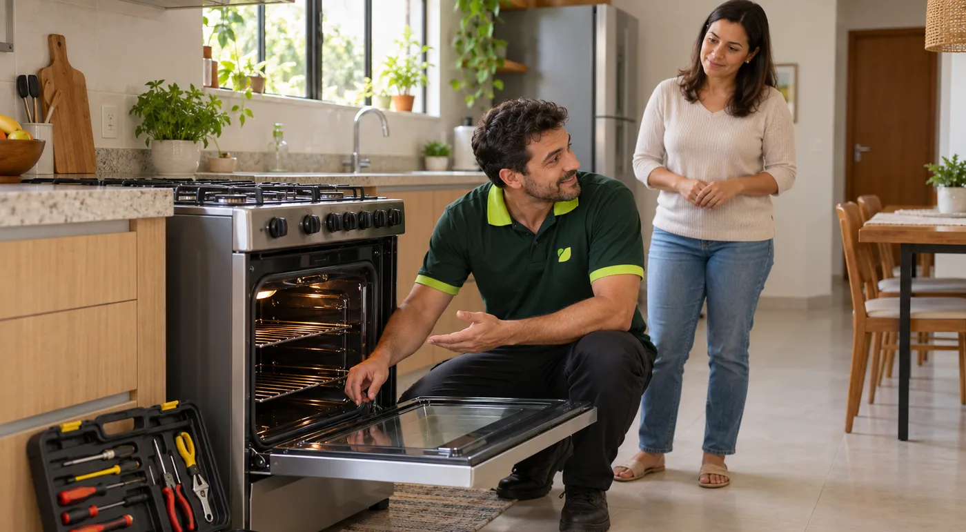 Técnico da Protec Service consertando um eletrodoméstico na cozinha de um cliente